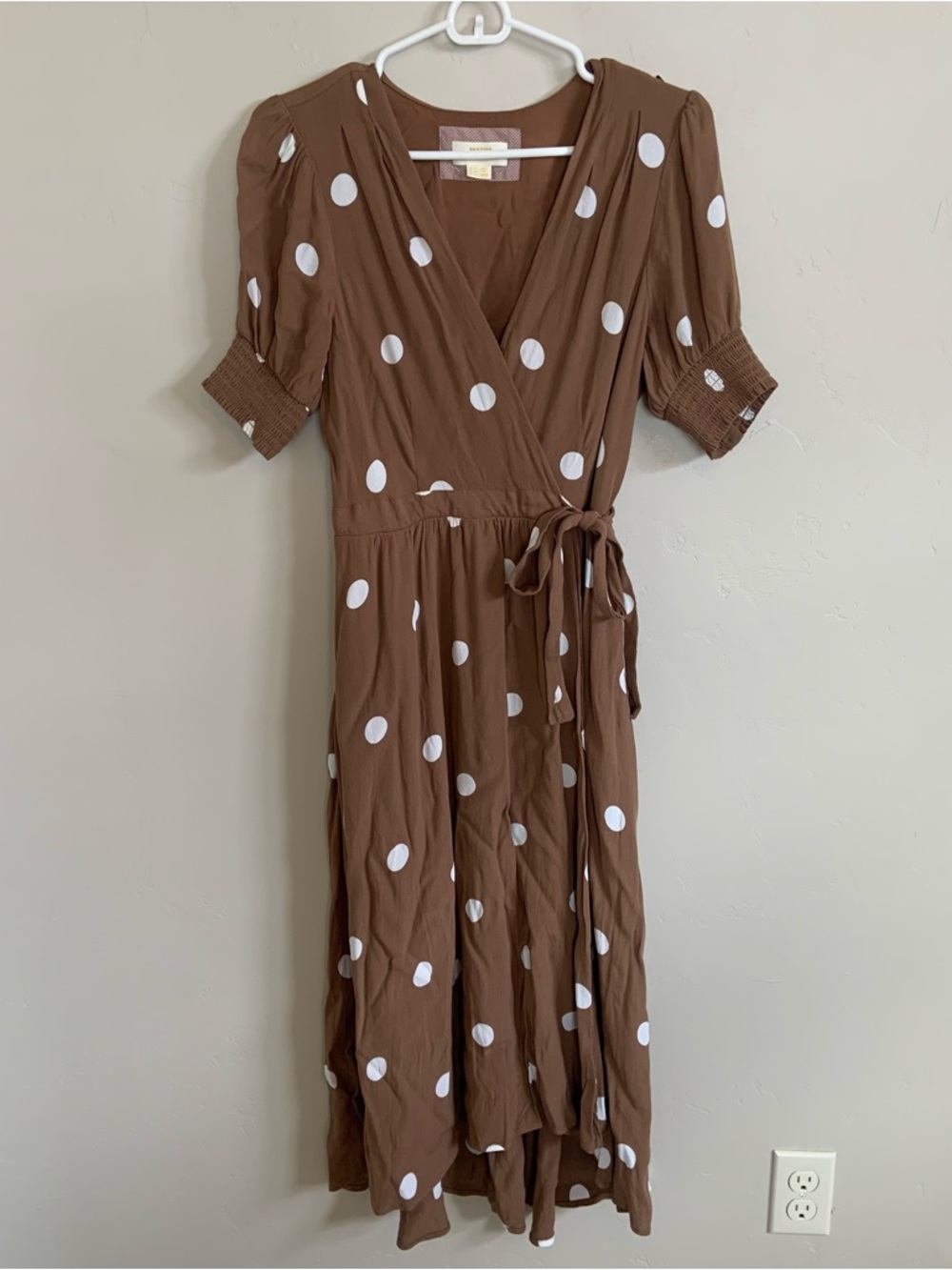 Anthropologie Maeve Brown Polka Dot Wrap Midi Dress with White Spots.